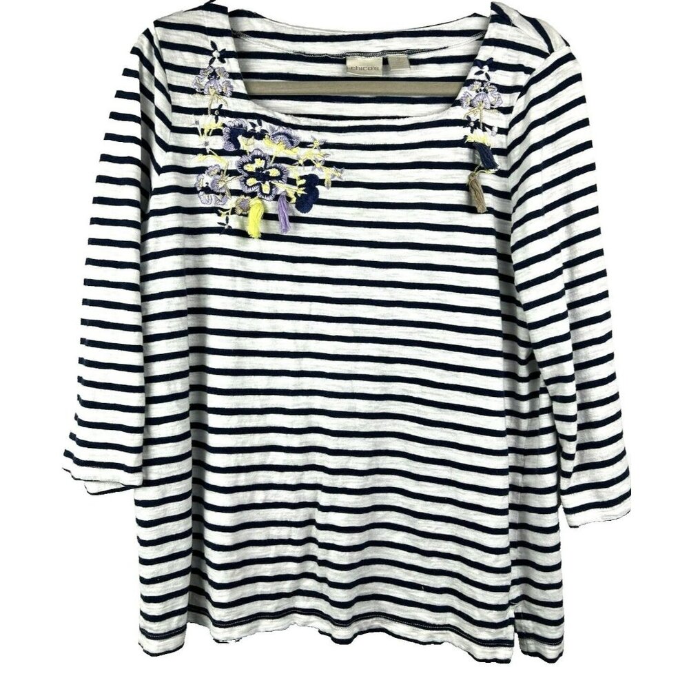 Chicos Women's Top‎ 2 US Large Navy Blue White 3/4 Sleeve Embroidered Stripe